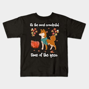 Shiba Inu Dog Autumn Fall Most Wonderful Time Maple Gift Kids T-Shirt